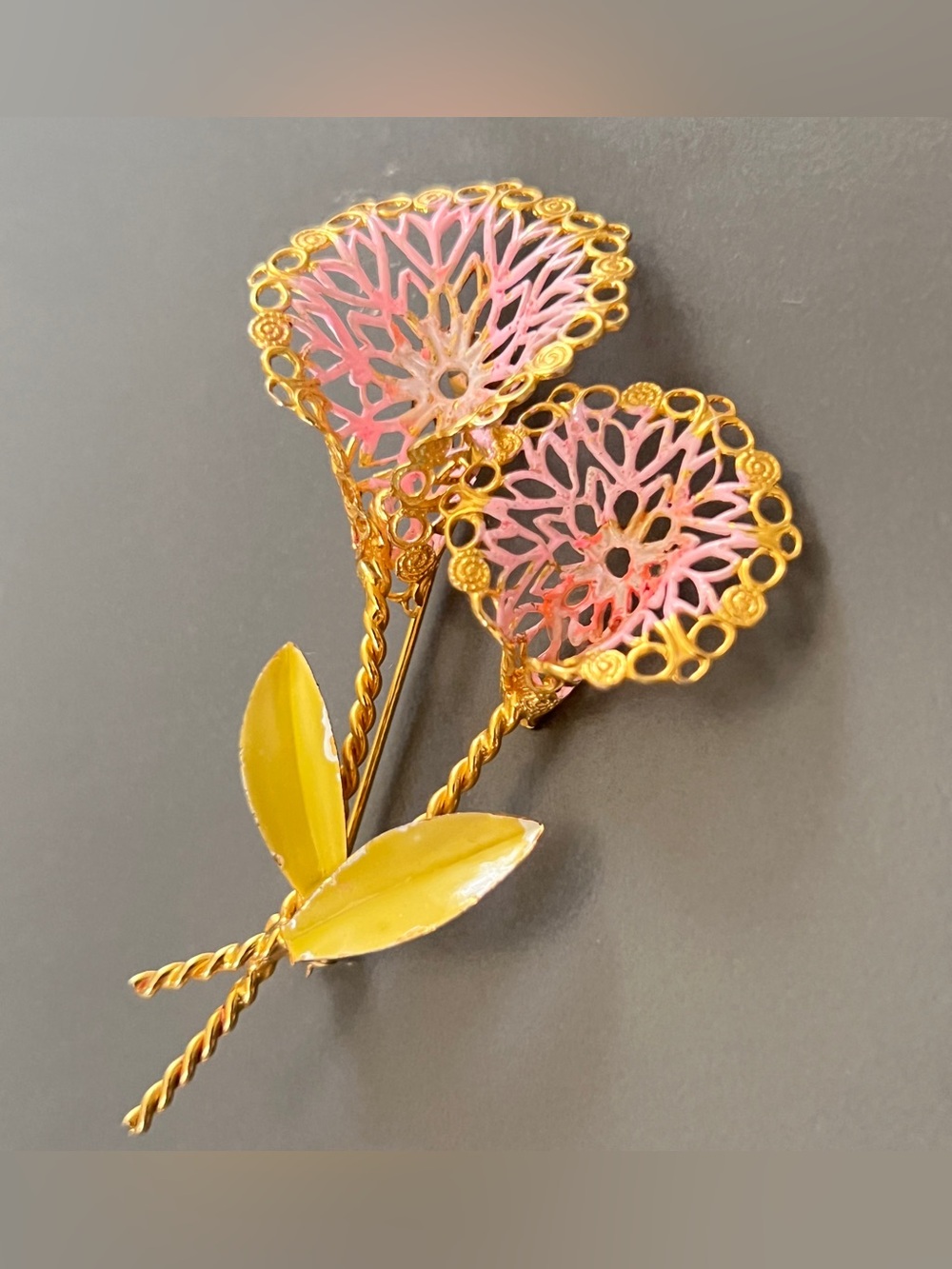 ViTG Signed CORO 3" Pink Yellow Enamel Filigree Flower Brooch Pin Mid-Century